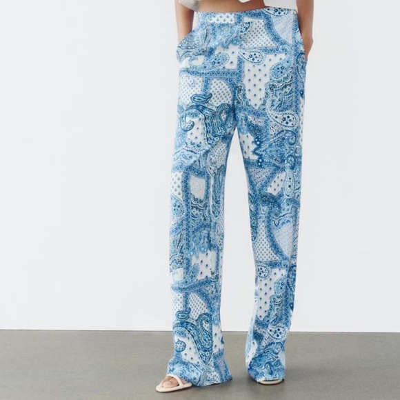 Zara Pants - ZARA Paisley Printed Wide Leg Pants Rustic Blue White Boho SIZE M
